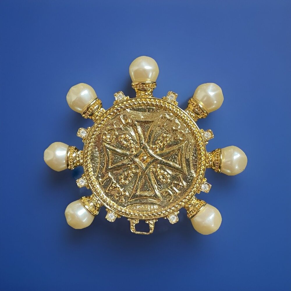 READ Vintage KJL for AVON Maltese Cross Faux Pearl Brooch Pin Missing Dangle